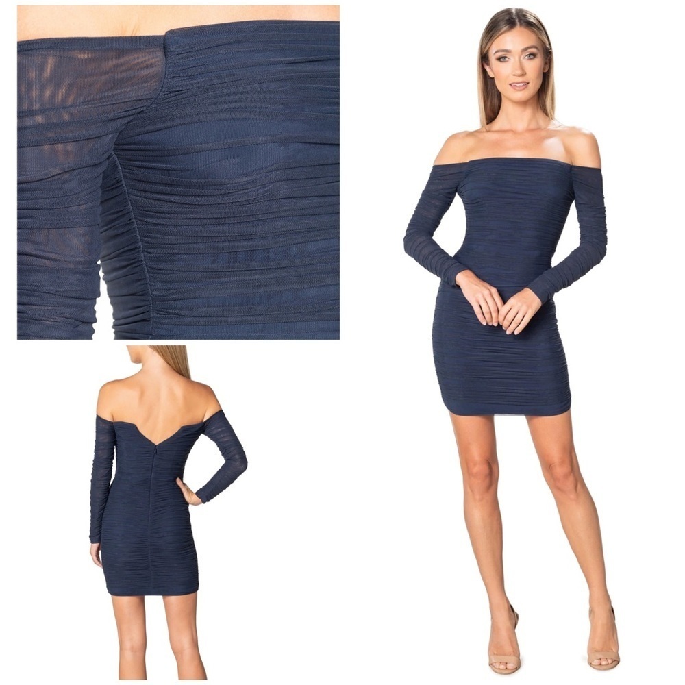 Nwt Dress The Population Dawn Off-The-Shoulder Bodycon Ruched Tulle Mesh Dress S